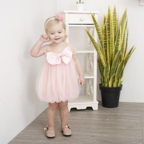 Summer Baby Girl Dress Pink Cute Infant Dress Mesh Christening Dress Bow Suspenders Sleeveless Dress
