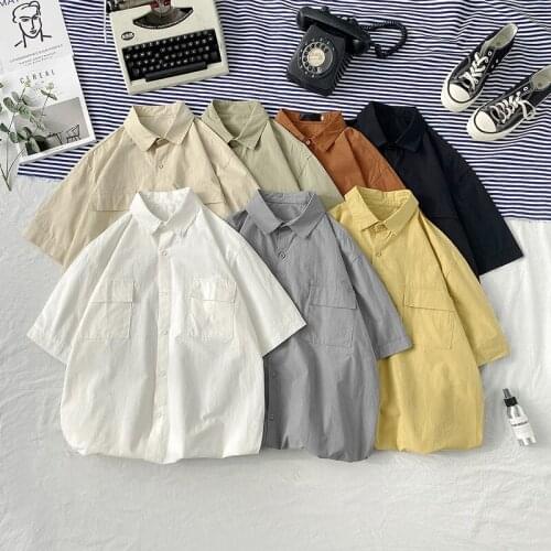 Summer Pure Color Short Sleeve Shirt Man Loose Lapel Japanere Frock 5 Minutes of Sleeve coat Port Style White Trendy Half Sleeve