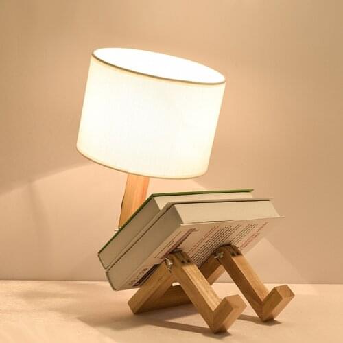 Creative Robot Shape Table Lamp LED EU/AU/US Plug Flexible Adjustable Folding Reading Light Wooden Fabric Bedside Lamp Luminaria
