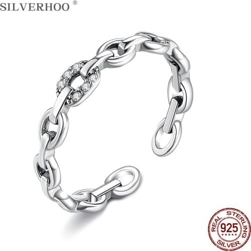 SILVERHOO Genuine 925 Sterling Silver Geometric Chain Finger Rings For Women Wedding Engagement Ring Statement Jewelry Gift