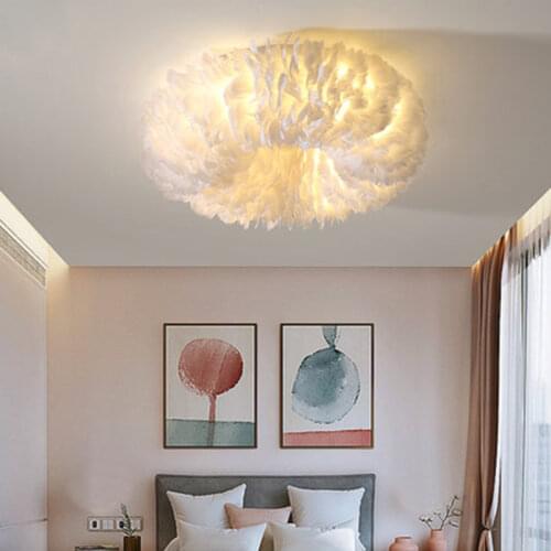 White Gray Yellow Feather Led Ceiling Lights Circle Romantic Warm Bedroom Girls Room Parlor Ceiling Lamp Fixtures Loft Deco