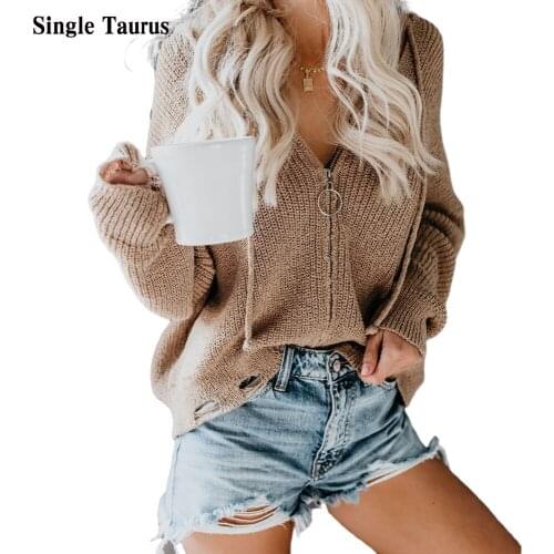 2020 Autumn and Winter Female Knitted Sweater Hooded V Neck Cardigans Long Sleeve Streetwear Women Sweaters Zipper Sueter Mujer