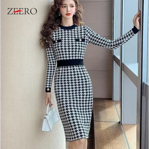 Korean Version Spring Autumn Female O-Neck Long Sleeve Back Split Base Knitting Dress for Women Plaid Splicing Sweater Dresses