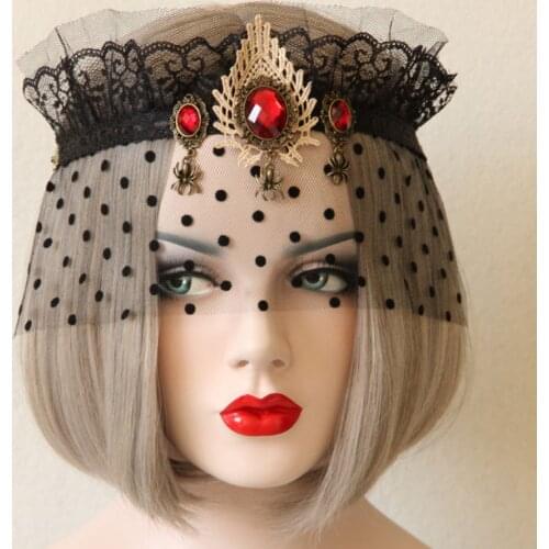 Vintage Red Crystals and Spiders Black Crown Shape Lace Veil Mask Women`s Cosplay Jewelry