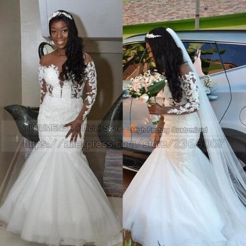 YIWUMENSA South African Mermaid Wedding Dresses Plus Size Sheer Neck Long Sleeve Open Back Lace Beaded Bride Bridal Gowns 2021