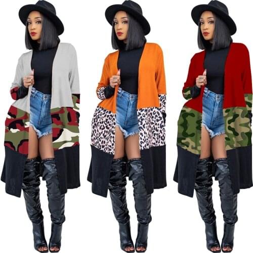Echoine Autumn Spring Long Sleeve Leopard Print Camo Patchwork Long Jacket Outwear Women Elegant Plus Size Feminino Vintage