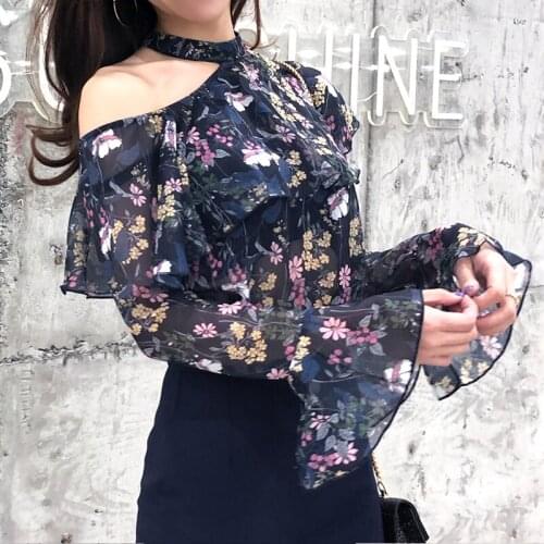 Spring New fashion women halter neck off shoulder sexy print flowers chiffon flare long sleeve tops blouse shirt S M L XL