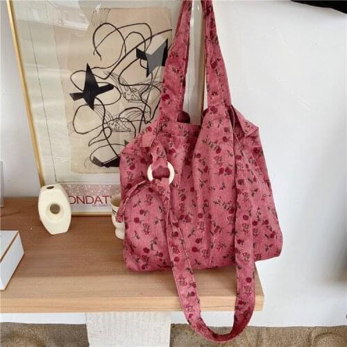 Ladies Corduroy Shoulder Bag Female Art Retro Rose Flower Diagonal Bag Female Simple Wooden Ring Handbag Girl Casual Tote Bag