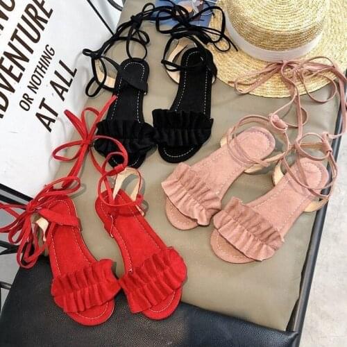 Plus Size Womens Sandal Ruffles Shoes Woman Cross Bandage Sandals Summer Shoes Flats Lace-up Ankle Strap Sandalias Mujer 2019