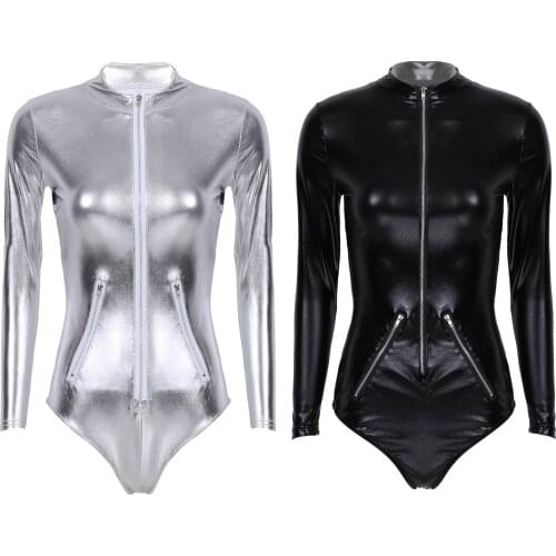 Women Sexy Bodycon Bodysuit Zipper Patent Leather Jumpsuit Ladies Slim Long Sleeves Bodysuits Rompers Body Mujer