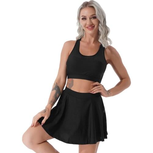 Women Tennis Skorts Sport Suit Summer Outfit Chest Pads Sport Bra Top and Skorts Breathable Racer Back Running Sport Set Clothes