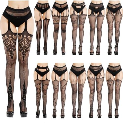 Plus Size Womens Sexy Tight Striped Elastic High Waist Transparent Stockings Lingerie Garter Fishnet Pantyhose Open Crotch