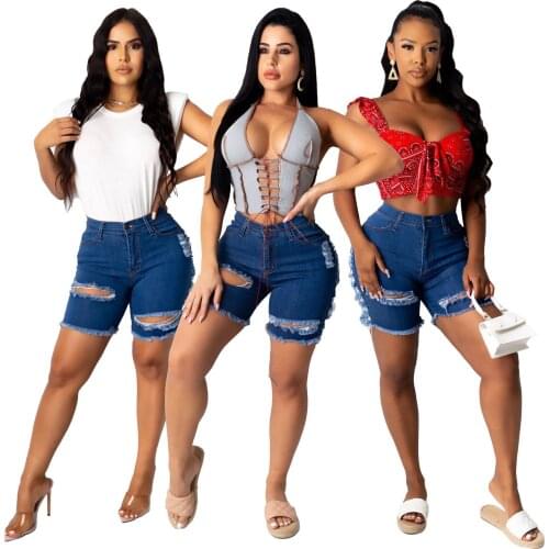 2021 Women Denim Shorts High Waist Skinny Jeans Knee Length Oversized Plus Size Hole Ripped Denim Casual Pencil Pants Trousers