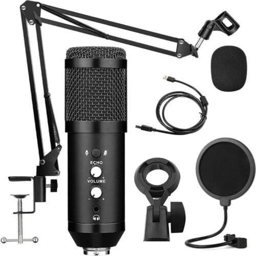 360° Universal Desktop Bedside Cantilever Bracket Live Broadcast K Song Computer Game USB Condenser Microphone Set Black