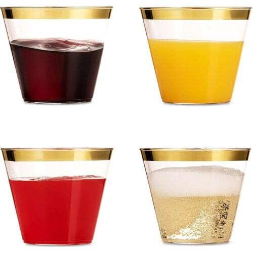 50PCS 9OZ Plastic Wine Glass Gold Fruit Juice Beer Cup Beverage Hampagne Cocktail Cup Set For Wedding For Wedding Party Supply