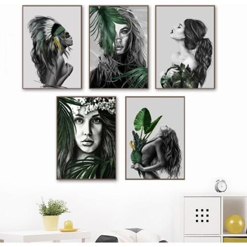 Abstract Watercolor Canvas Painting Print HD Picture Poster Green Plant Woman Wall Art Living Room Bedroom Bedside Home Decor