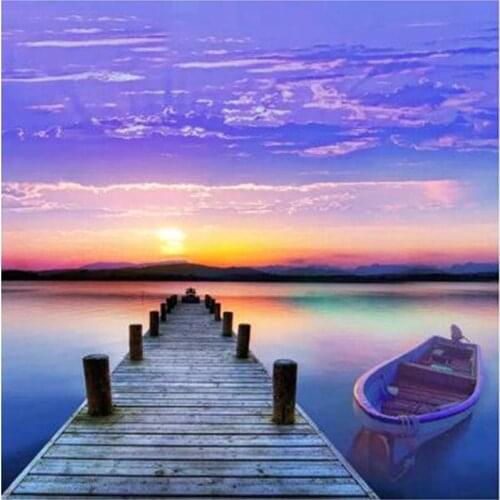 New 5D DIY Full Round Diamond Painting Sunset Wooden Bridge Scenery Cross Stitch 3D Embroidery Rhinestone Mosaic Home Decor Y159
