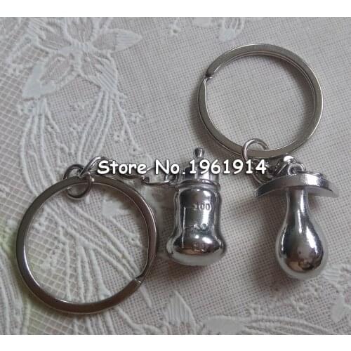 Free Shipping 50sets/lot New Pacifiers Baby Feeding Bottles Key Chain Lovers Keychain lovely Couple Key Chain Rings Party Favor
