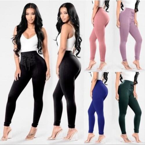 Fashion Black Pencil Pants Women High Waist Slim Stretch Fitness Leggings Ladies Girl Lacing Up Stylish Sexy Trousers