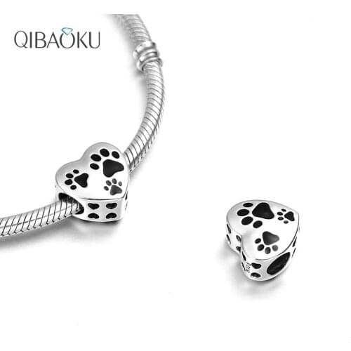 Sterling Silver 925 Beads Pet Footprint Heart Shaped Small Jewelry Charm for Original Bracelet Jewelry Making Bangle DIY