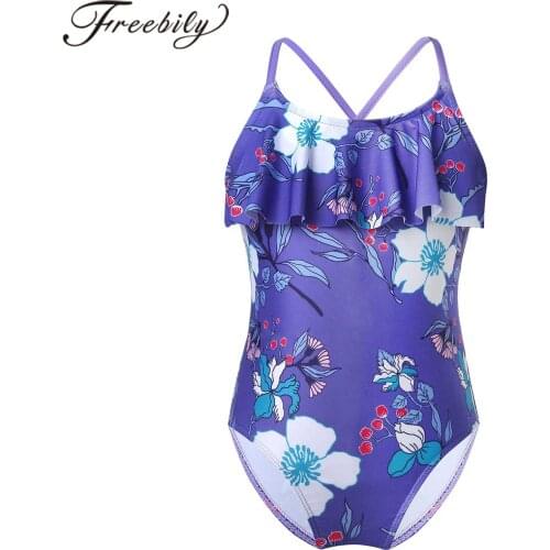 Childrens One-Piece Suits Ruffle Spaghetti Straps Floral Printed Bikini Swimwear for Girls Beach Wear Summer Bathing Swimsuits