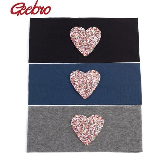 Geebro Womens Plain Stretch Headbands Fashion Cotton Heart Rhinestones Elastic Flat Headband For Girls Hair Band Turban Wrap