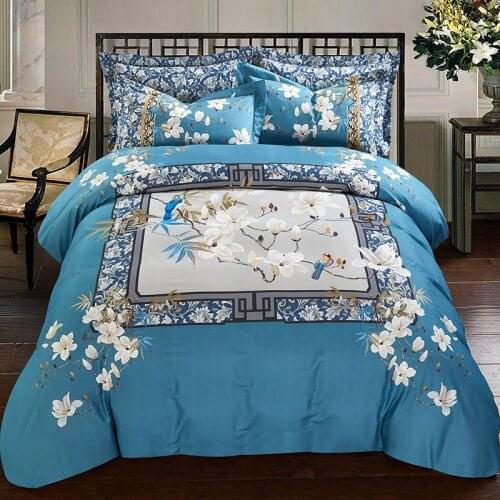 Blue White New 100% Cotton Sanding Printed Flower Bedding Set Luxury Royal Bed Sheet set Duvet Cover Pillowcase Queen King 4pcs