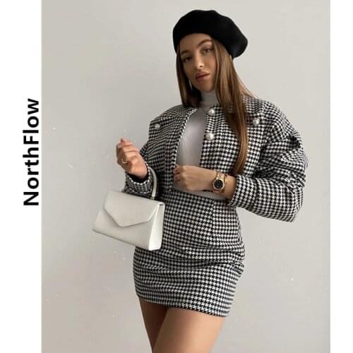 Northflow 2021 Autumn Jackets England style Crop top Houndstooth Loose O-neck Feminino Femme Motorcycle jacket Two Piece set
