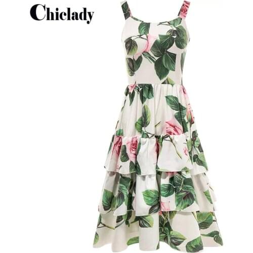 CHICLADY designer summer midi dress pink rose flower printed cascading layered ruffles party chic robe boho dresses vestidos 2xl
