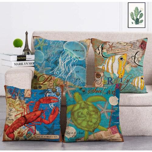 Marine life jellyfish shrimp turtle print Cushion Cover Linen Throw Pillow Car Home Decoration Decorative Pillowcase T372