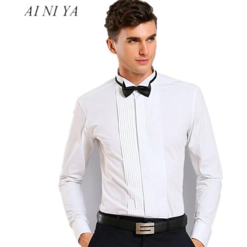 Mens French Cuff Tuxedo Solid Color Wing Tip Collar Shirt Men Long Sleeve Dress Shirts Formal Wedding Bridegroom Party Shirts