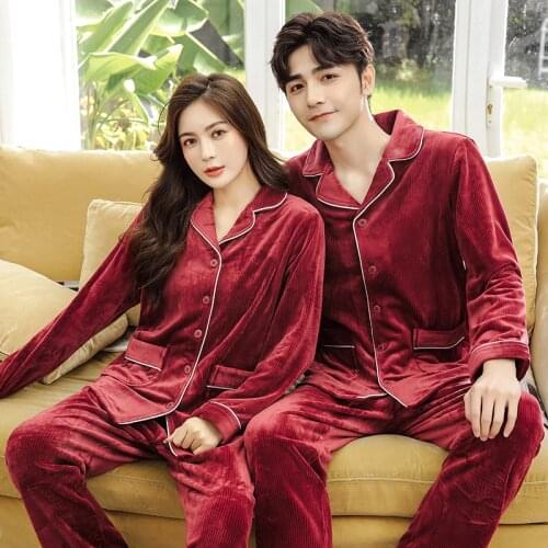 Men Winter Warm Velvet Pajama Sets Luxurious Wool Pijamas Women Elegant Plus Size Pajamas Turn-down Collar Pijama Male Nightwear
