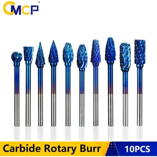 CMCP 10pcs 3-6mm Shank Tungsten Carbide Burr Bit Nano Blue Coated Rotary Cutter Files CNC Engraving Tools Set