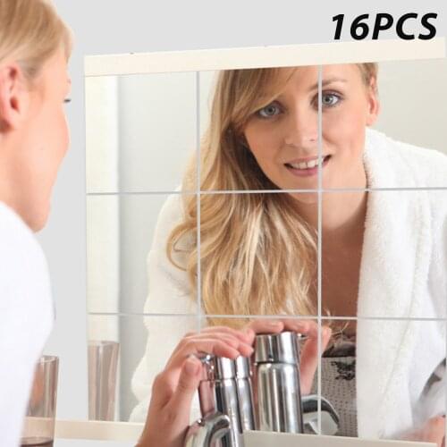 16 Pcs 15x15cm Glass Mirror Tiles Wall Sticker Square Self Adhesive Stick-On Art DIY Home Decor