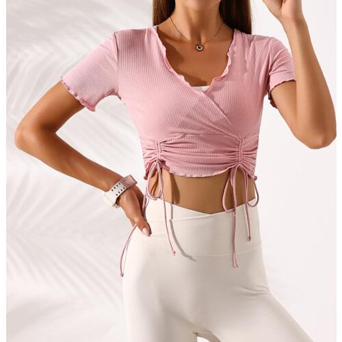 New Drawstring Bandage Short Sleeve Sports T Shirt Sexy V Neck Crop Top Quick Dry Running Slim Fitness Yoga T Shirts