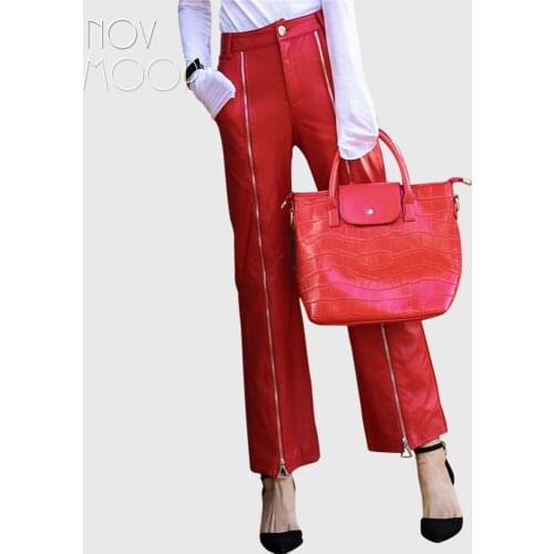 Novmoop high street loose style women spring zipper decor sheepskin genuine leather straight pants calça feminina LT2981