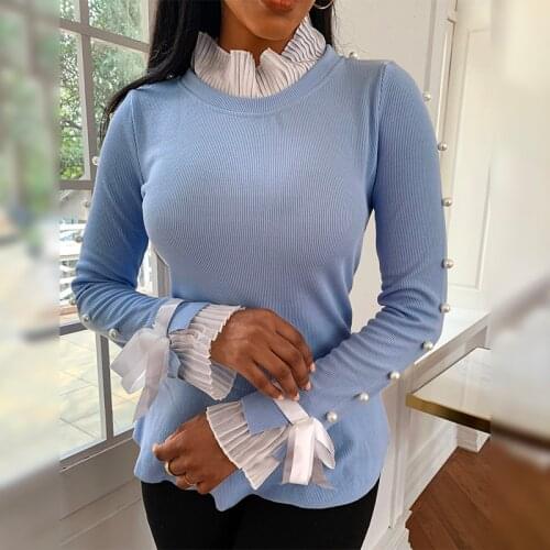 Autumn Winter 2020 Womens Clothing Bowknot Beaded Buttoned Bell Cuff Bright Sweater Lace Patchwork Office Blue Pullover Jumpers