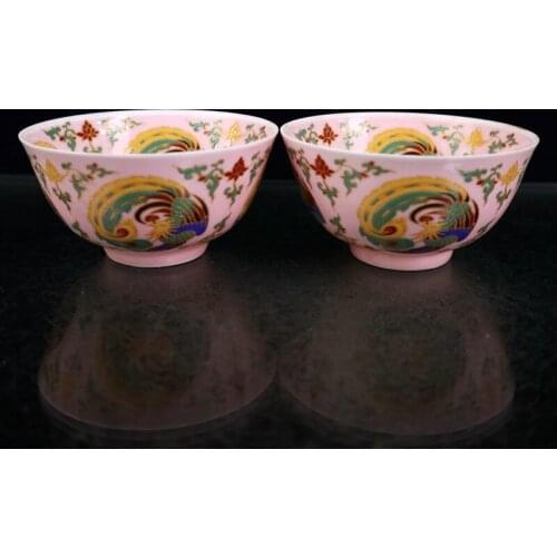A Pair Chinese Ceramics Doucai Porcelain Phoenix Figure Flowers and Birds Pattern Chinaware Glass