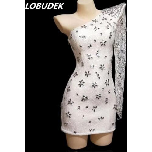 Single Shoulder Silver Rhinestones Dress Sexy White Lace Crystals Mini Dress Nightclub Singer Clothing Party Catwalk DS Costume