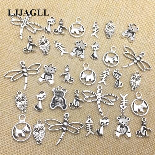 Tibetan Silver Plated Mixed 20pcs Animal Charms Dog Cat Bear Monkey Owl Pendants Diy Jewelry Handmade Art Bracelet Craft ADW010