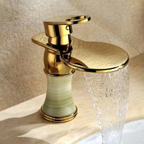 Full copper genuine new European classical natural jade and gold antique marble basin taps Waterfall Faucet