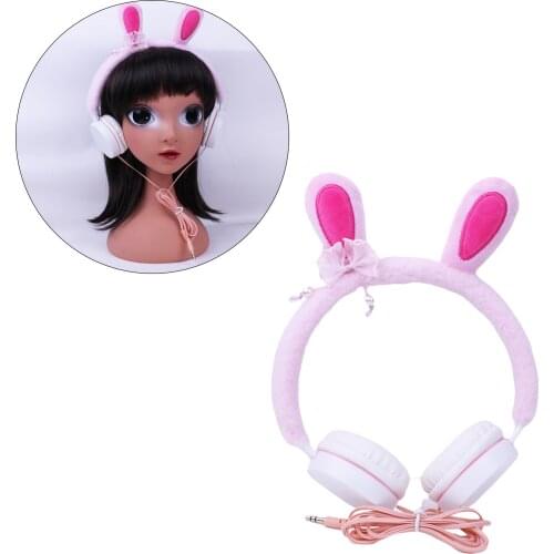 Cute Kids 3.5mm Wired headphones Plush Rabbit Ear Earphone Over Ear Headset Volume Control for Phone Tablet
