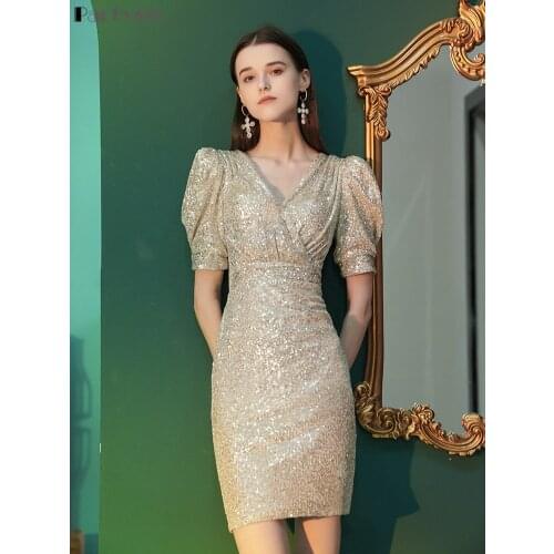 Partysix Prom Dress Sexy Deep V-Neck Short Sleeves Luxurious Simple Sequins Mermaid Above Knee New Plus size Women Formal Party