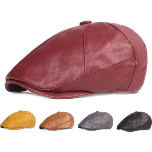 Retro Octagonal Hat Womens Leather Cap Autumn Mens Leather Beret Elegant Fashion Ladies Cap Cap Snapback Caps for Men 2021