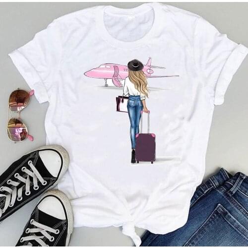Women cute Cartoon Travel Holiday Short Sleeve Printing Graphic Summer Fashion Print Female Clothes Tops Tees Tshirt T-Shirt