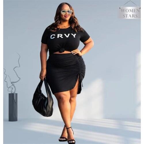 Plus Size Women Clothing Two Piece Set 4xl 5xl Fashion Round Collar Letter Pattern Top Short Skirts Suits Wholesale Dropshipping