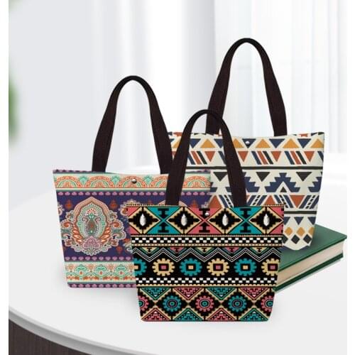Ethnic Style Colorful Geometric Mandala Pattern Handbags for Women Ladies 2021 Shopper Tote Bag Portable Canvas Totes Lunch Bag