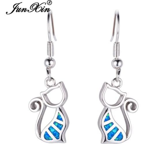 JUNXIN Trending Blue Cat Earring Silver Color Fire Opal Earrings Double Earrings For Women Fashion Jewelry Gift