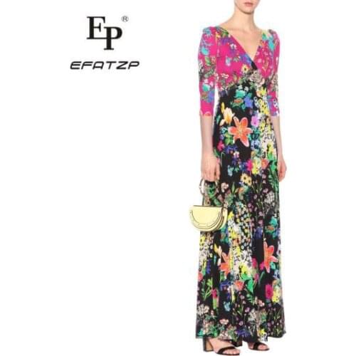 New Fahion 2018 Luxury Maxi Dress Womens V-Neck elegant Colorful Geometry Print XXL Stretch Jersey Silk Spandex Long Dress