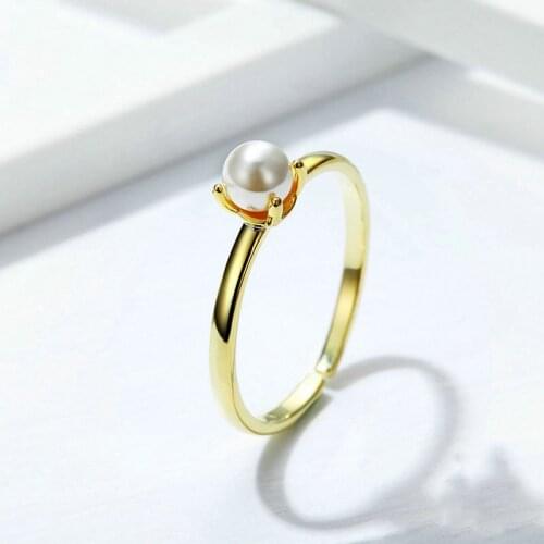HF JEL 100% 925 Sterling Silver Rings for Women Open-Ended Gold Color Pearl Rings Women Girl Wedding Annivesary Xmas Jewelry
